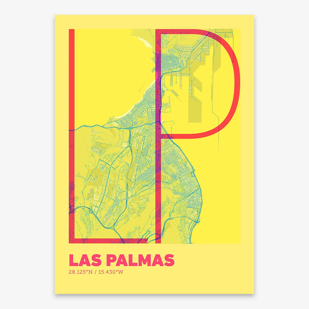 Poster of Las Palmas composed with letters in extra light font printed on yellow and fuchsia