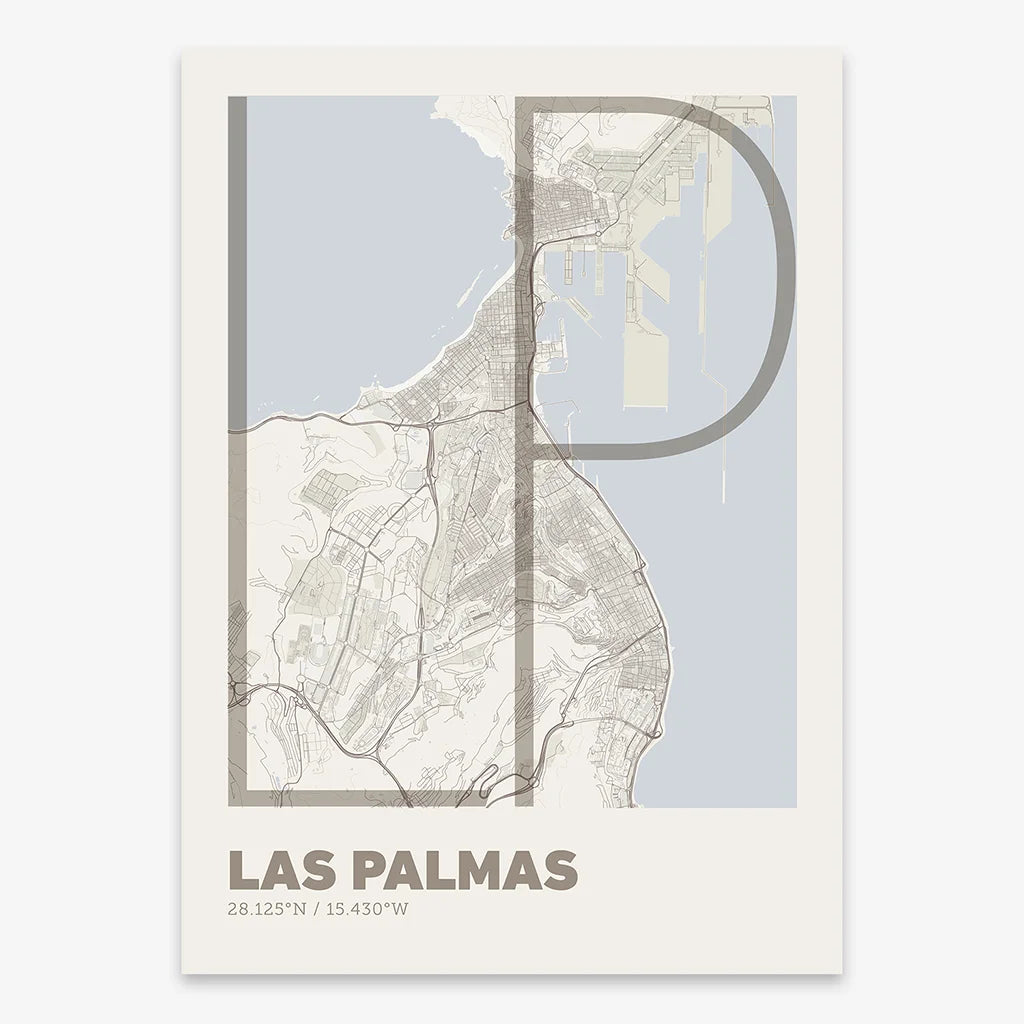 Poster of Las Palmas composed with letters in extra light font printed on light brown and an off-white background