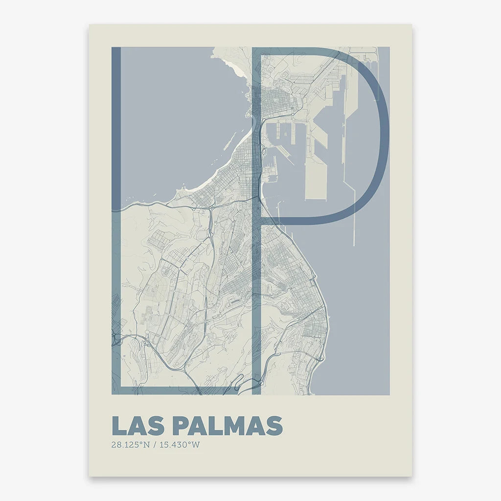 Poster of Las Palmas composed with letters in extra light font printed on bluish gray and an off-white background