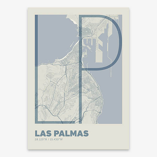Poster of Las Palmas composed with letters in extra light font printed on bluish gray and an off-white background