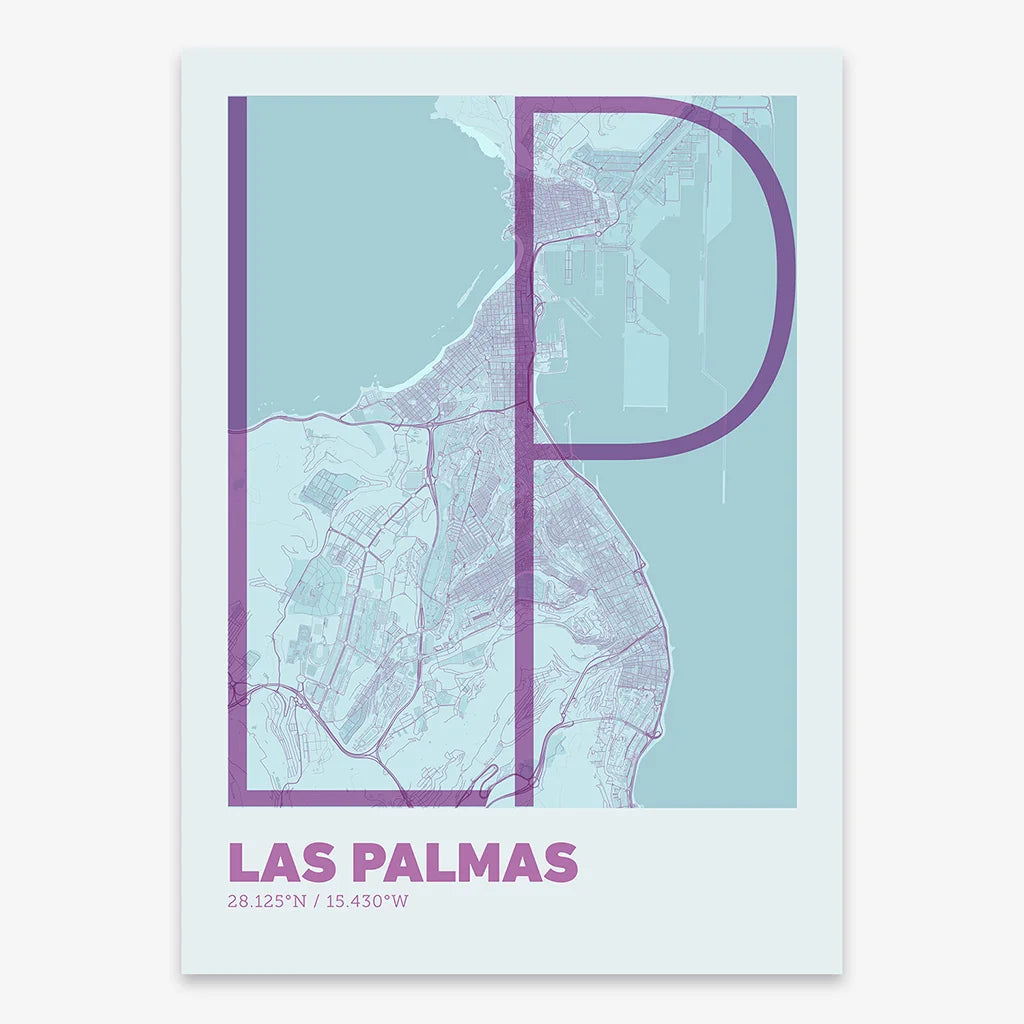 Poster of Las Palmas composed with letters in extra light font printed on purple and light blue