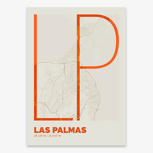 Poster of Las Palmas composed with letters in extra light font printed on orange and an off-white background