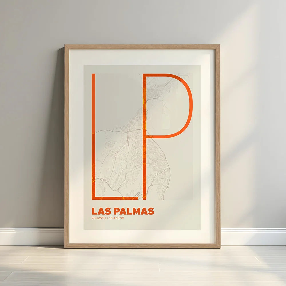 Framed Las Palmas in Ultralight design, a minimalist aesthetic combining urban cartography with modern, extra-thin elegant lettering designed in orange and an off-white background with a white margin border in a warm lit minimalist setting