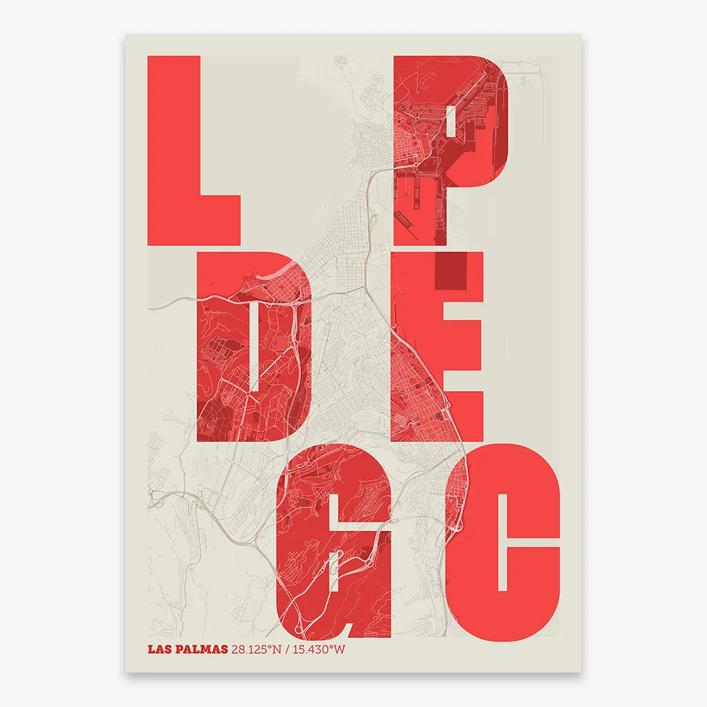 Decorative print of Las Palmas with letters of its name placed randomly, designed in red and an off-white background