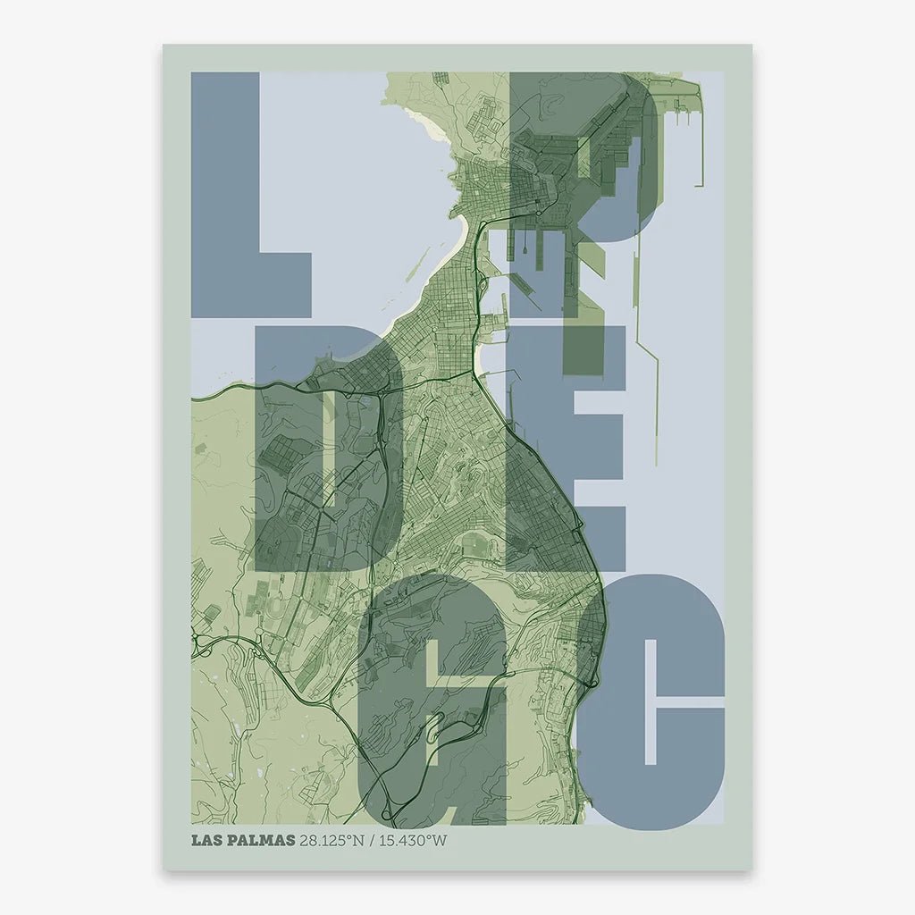 Decorative print of Las Palmas with letters of its name placed randomly, designed in two green tones