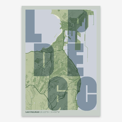 The map of Las-Palmas with letters of its name placed randomly, designed in two green tones