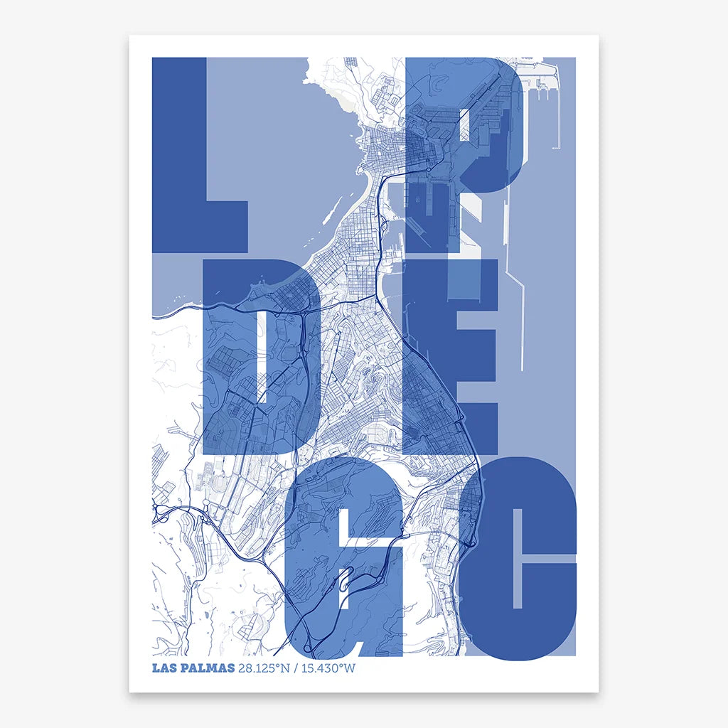 Decorative print of Las Palmas with letters of its name placed randomly, designed in navy blue and white