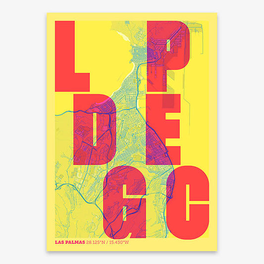 Decorative print of Las Palmas with letters of its name placed randomly, designed in yellow and fuchsia