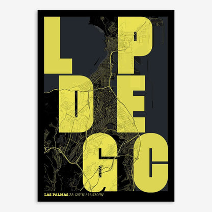 The map of Las-Palmas with letters of its name placed randomly, designed in black and yellow