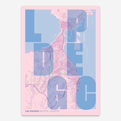 The map of Las-Palmas with letters of its name placed randomly, designed in pink and light blue