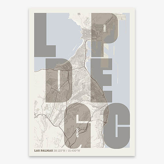 Decorative print of Las Palmas with letters of its name placed randomly, designed in light brown and an off-white background