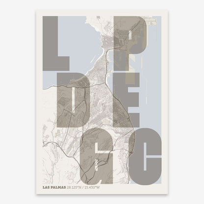 The map of Las-Palmas with letters of its name placed randomly, designed in light brown and an off-white background