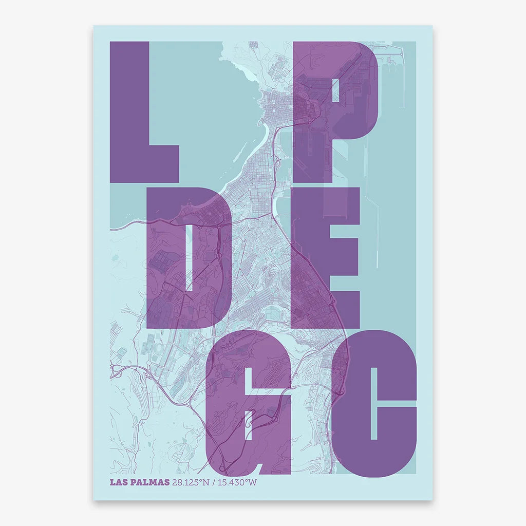 Decorative print of Las Palmas with letters of its name placed randomly, designed in purple and light blue