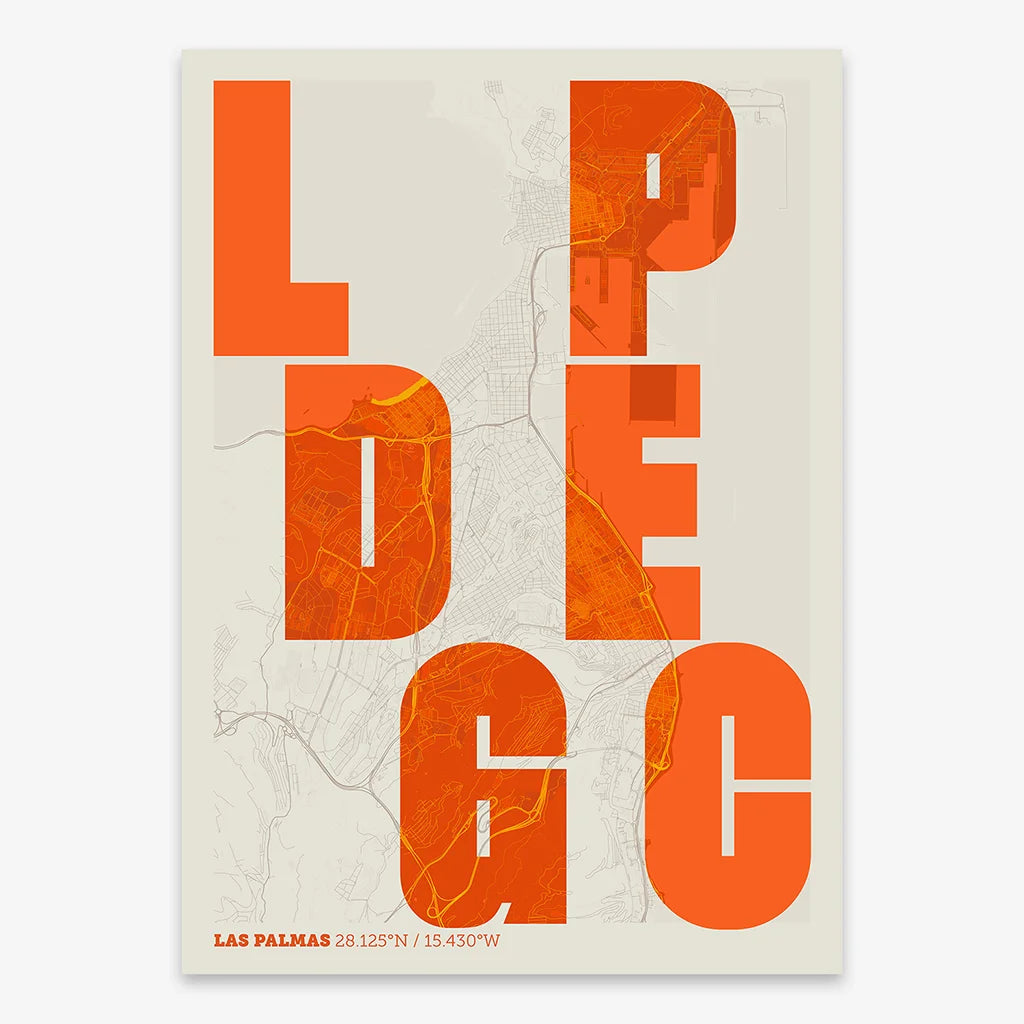 Decorative print of Las Palmas with letters of its name placed randomly, designed in orange and an off-white background