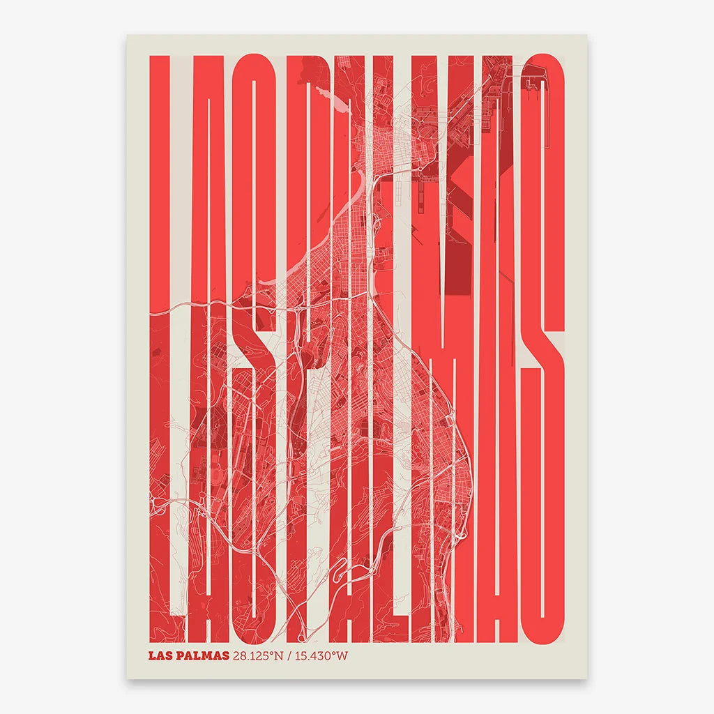 Decorative map of Las Palmas and letters of its name in a giclée print designed in red and an off-white background