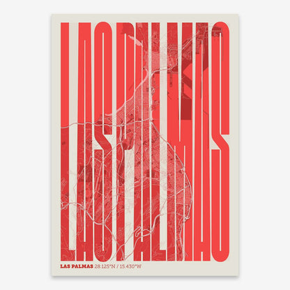 The map of Las-Palmas and letters of its name in a giclée print designed in red and an off-white background
