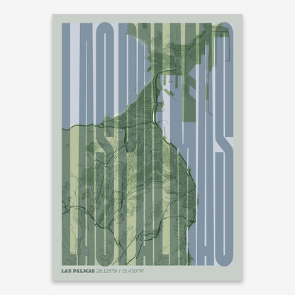 The map of Las-Palmas and letters of its name in a giclée print designed in two green tones