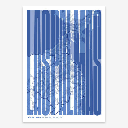 The map of Las-Palmas and letters of its name in a giclée print designed in navy blue and white