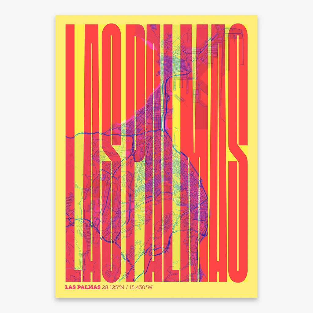 Decorative map of Las Palmas and letters of its name in a giclée print designed in yellow and fuchsia