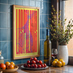 Modern interior design with a Las Palmas in Extra Compressed design, where the letters are tightly squeezed to fit the city's map shape designed in yellow and fuchsia, displayed on a living room wall