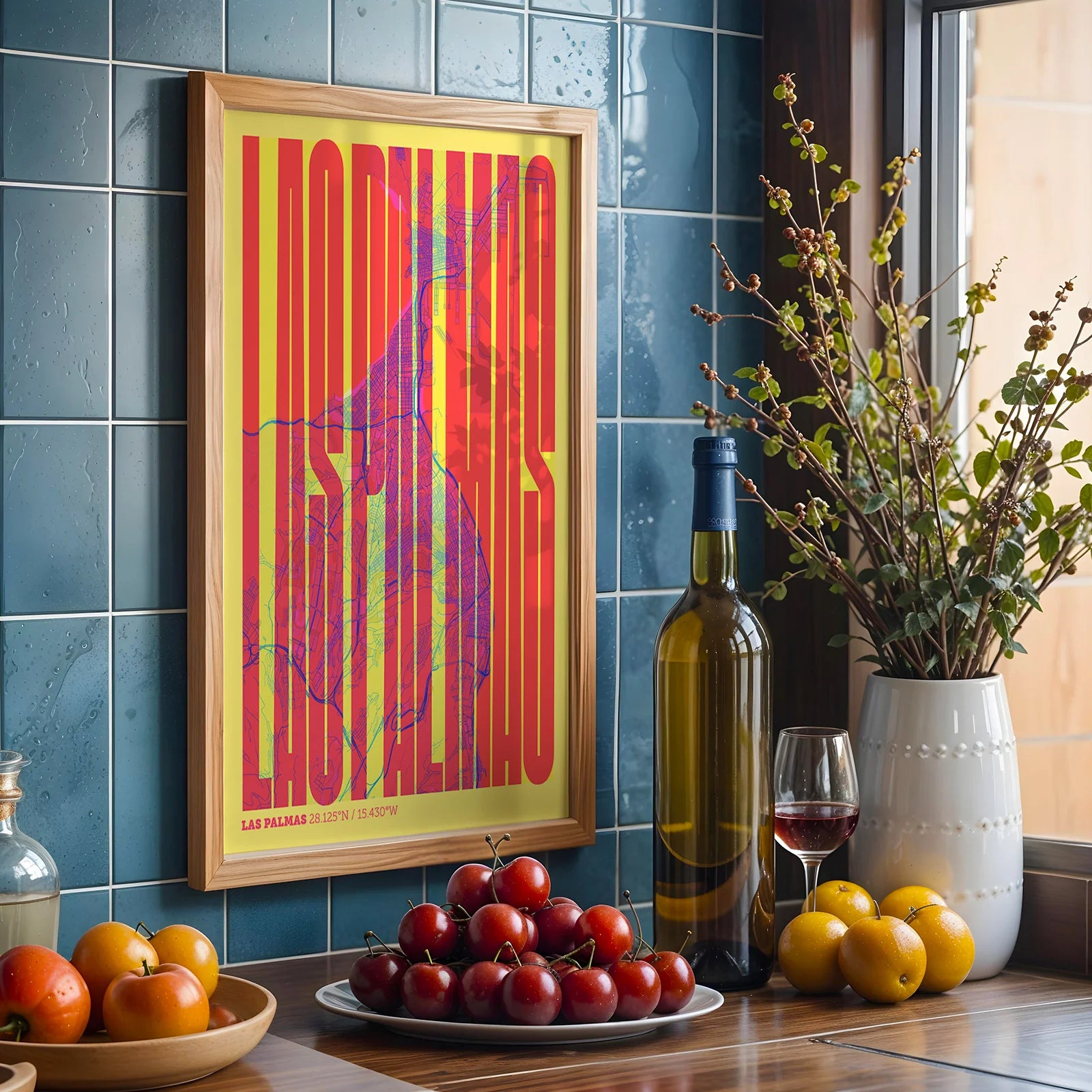 Modern interior design with a Las Palmas in Extra Compressed design, where the letters are tightly squeezed to fit the city's map shape designed in yellow and fuchsia, displayed on a living room wall