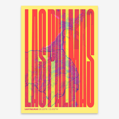 The map of Las-Palmas and letters of its name in a giclée print designed in yellow and fuchsia