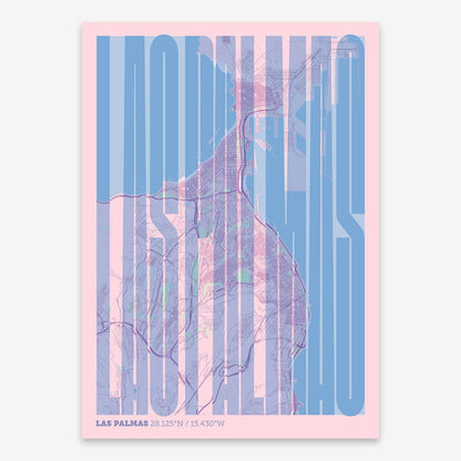 The map of Las-Palmas and letters of its name in a giclée print designed in pink and light blue