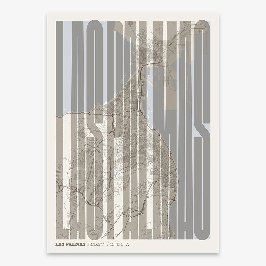 Decorative map of Las Palmas and letters of its name in a giclée print designed in light brown and an off-white background