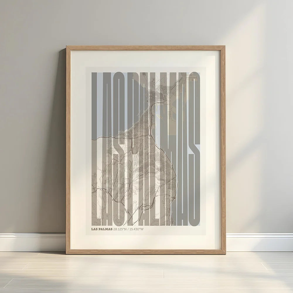 Framed Las Palmas in Extra Compressed design, where the letters are tightly squeezed to fit the city's map shape designed in light brown and an off-white background with a white margin border in a warm lit minimalist setting