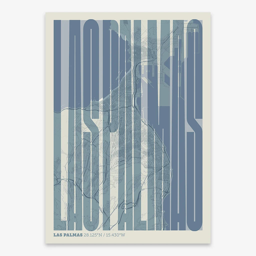 Decorative map of Las Palmas and letters of its name in a giclée print designed in bluish gray and an off-white background