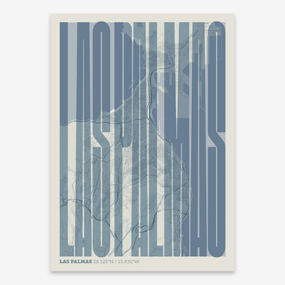 The map of Las-Palmas and letters of its name in a giclée print designed in bluish gray and an off-white background