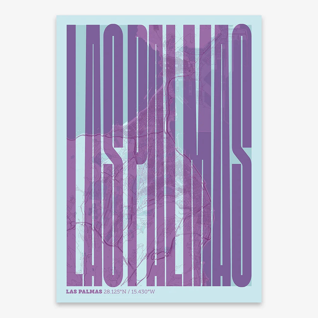 Decorative map of Las Palmas and letters of its name in a giclée print designed in purple and light blue