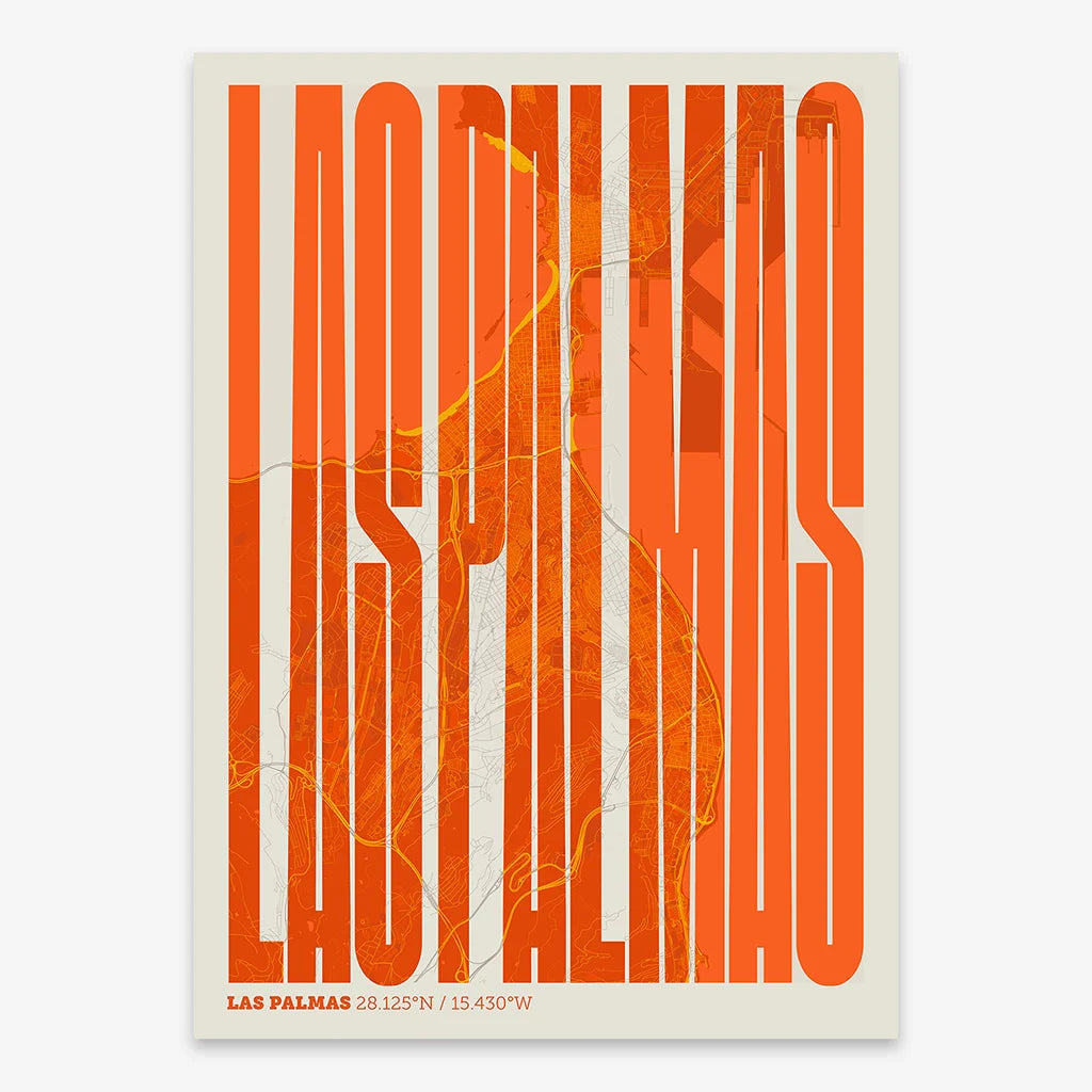 Decorative map of Las Palmas and letters of its name in a giclée print designed in orange and an off-white background