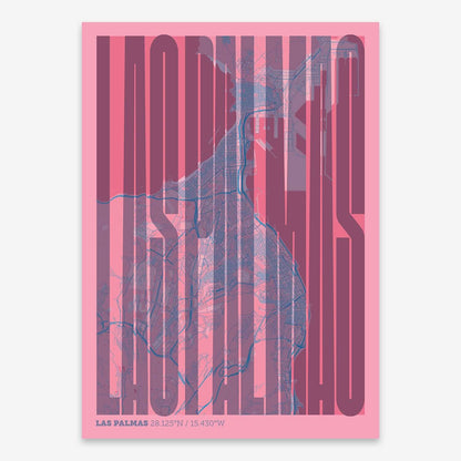 The map of Las-Palmas and letters of its name in a giclée print designed in violet y pink background
