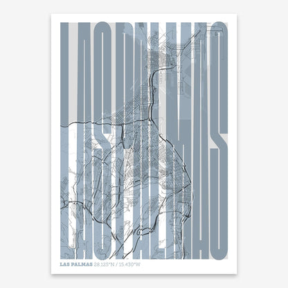 The map of Las-Palmas and letters of its name in a giclée print designed in black and white