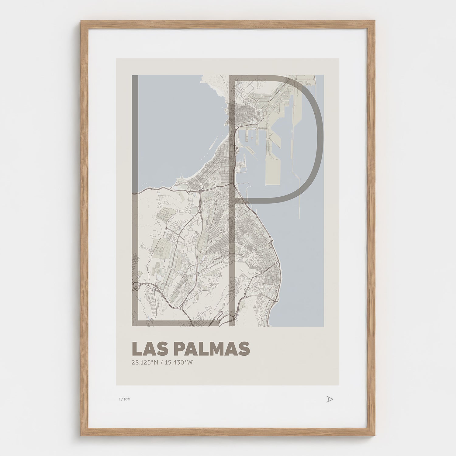 Lámina tipográfica de Las Palmas de Gran Canaria – diseño Ultrafina, marco de madera natural