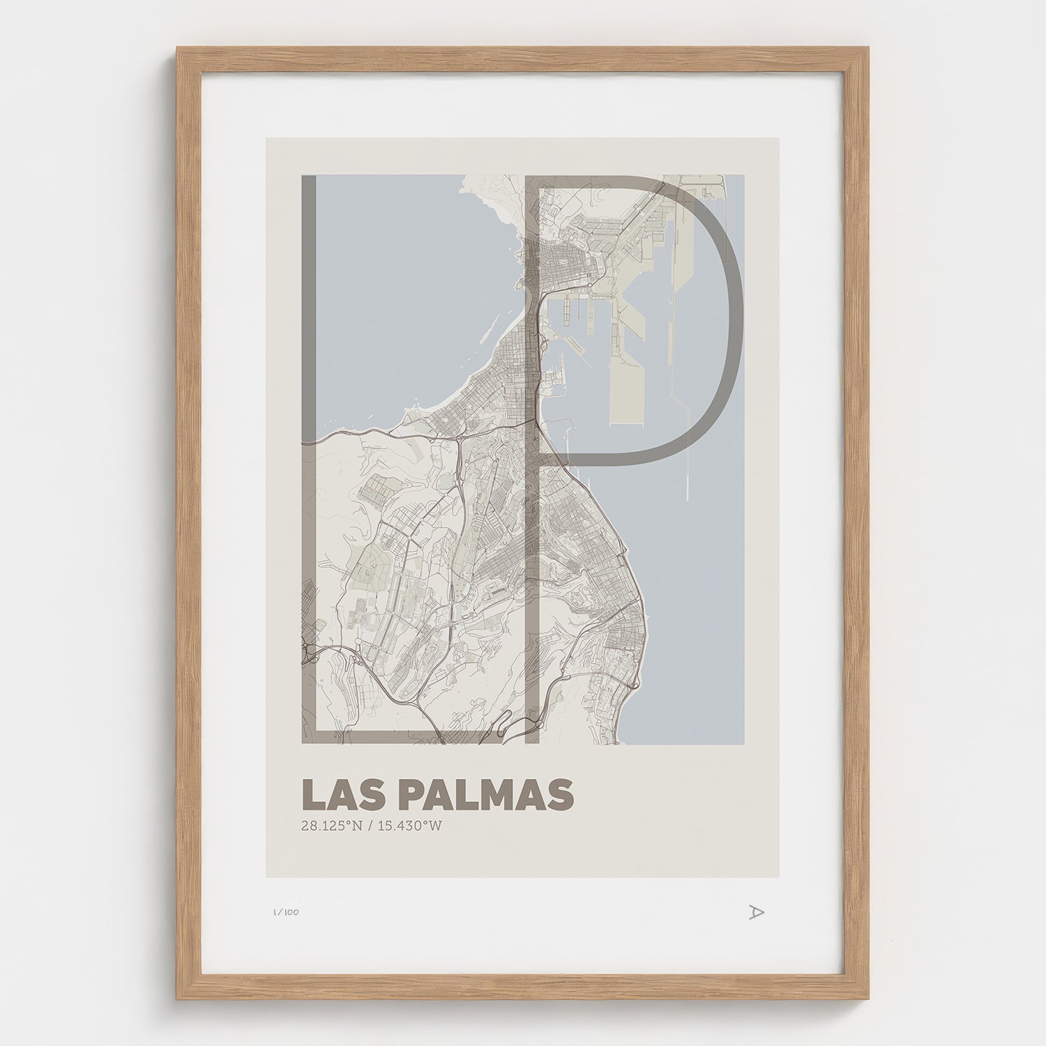 Lámina tipográfica de Las Palmas de Gran Canaria – diseño Ultrafina, marco de madera natural