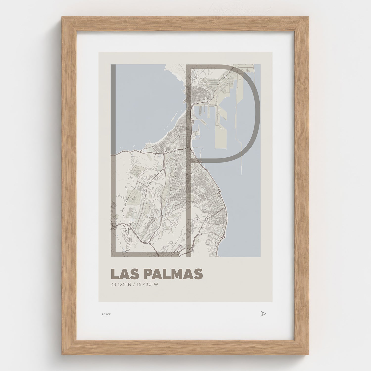 Lámina tipográfica de Las Palmas de Gran Canaria – diseño Ultrafina, marco de madera natural