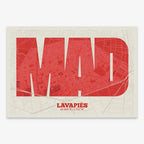 Decorative print of Madrid composed with letters in a heavy geometric font printed on red and an off-white background