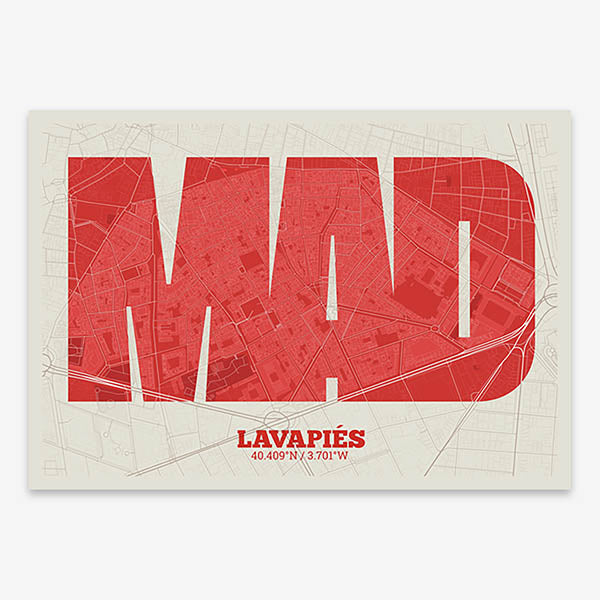 Decorative print of Madrid composed with letters in a heavy geometric font printed on red and an off-white background
