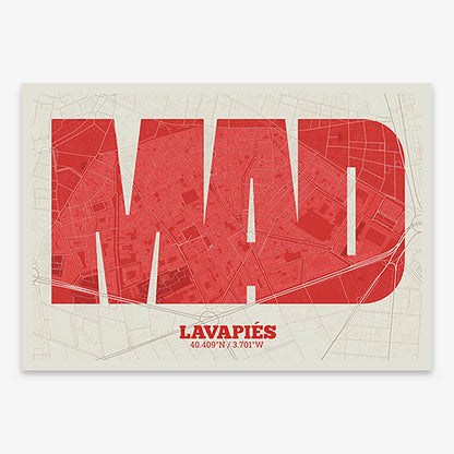 Decorative print of Madrid composed with letters in a heavy geometric font printed on red and an off-white background
