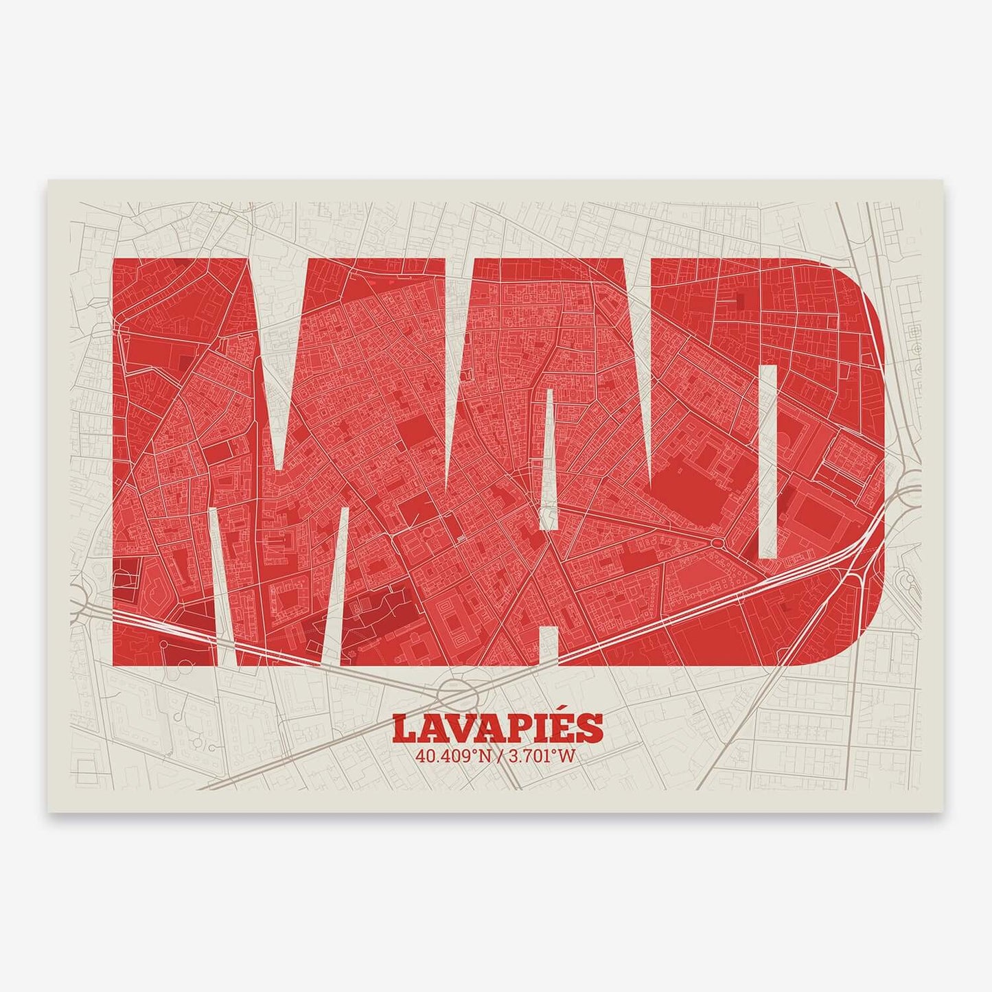 The map of Lavapies composed with letters in a heavy geometric font printed on red and an off-white background