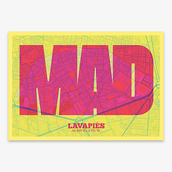 Decorative print of Madrid composed with letters in a heavy geometric font printed on yellow and fuchsia