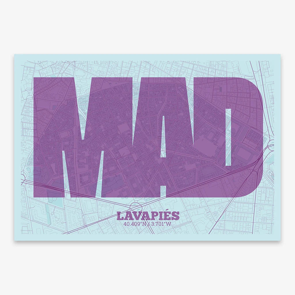 Decorative print of Madrid composed with letters in a heavy geometric font printed on purple and light blue