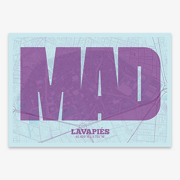 Decorative print of Madrid composed with letters in a heavy geometric font printed on purple and light blue