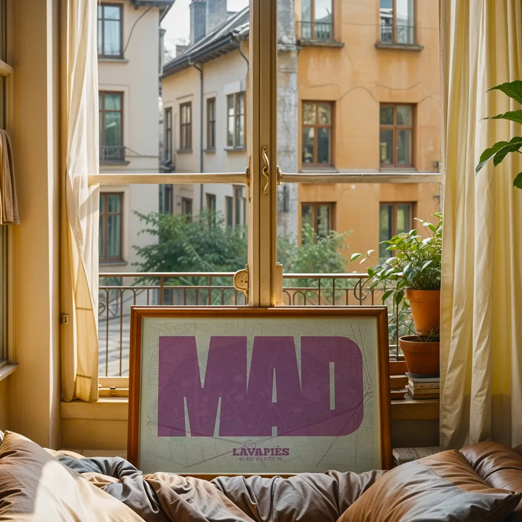Modern interior design with a Lavapies, Madrid, in Super Bold design, a typographic poster where the city map is overlaid with extra-thick lettering for a modern, high-impact look designed in purple and light blue, displayed on a living room wall