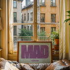 Modern interior design with a Lavapies, Madrid, in Super Bold design, a typographic poster where the city map is overlaid with extra-thick lettering for a modern, high-impact look designed in purple and light blue, displayed on a living room wall