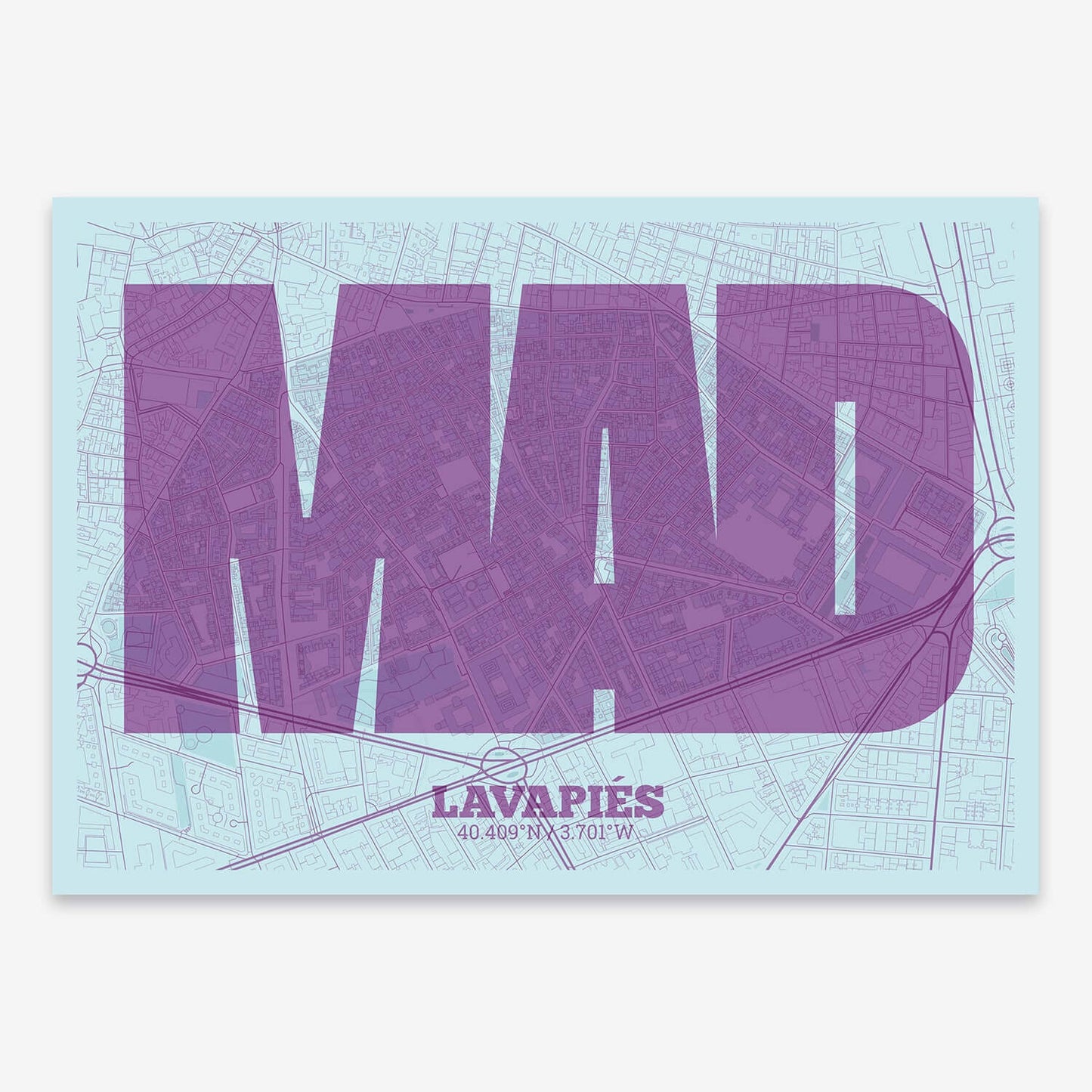 The map of Lavapies composed with letters in a heavy geometric font printed on purple and light blue