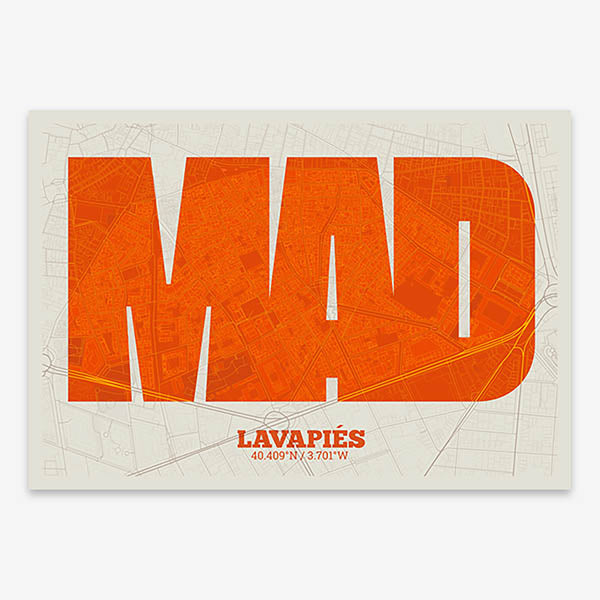 Decorative print of Madrid composed with letters in a heavy geometric font printed on orange and an off-white background