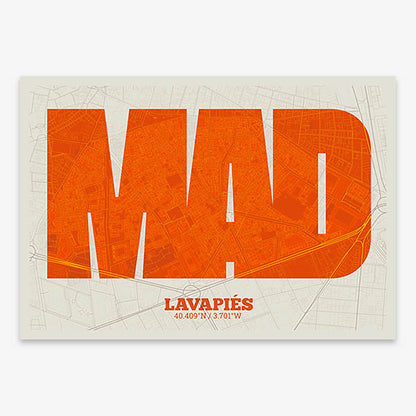 Decorative print of Madrid composed with letters in a heavy geometric font printed on orange and an off-white background
